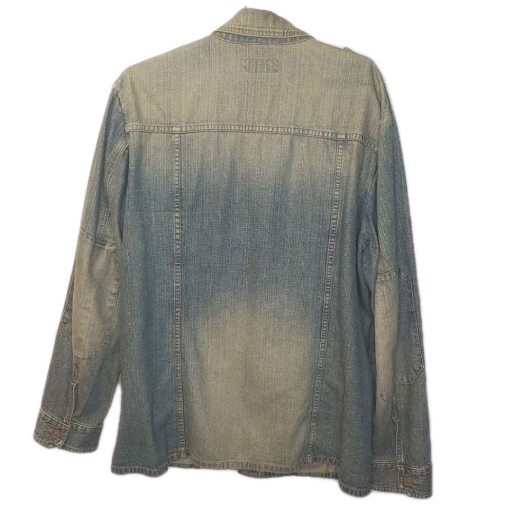 Express Military Jean Jacket Woman Large Blue Denim Button Elbow Patches Utility - Picture 2 of 12